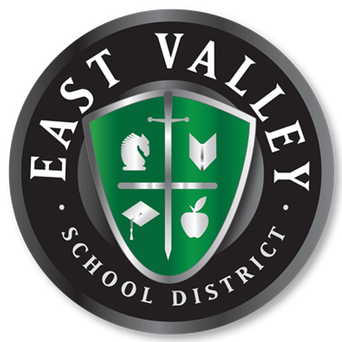 The East Valley School District green badge and coat of arms logo.