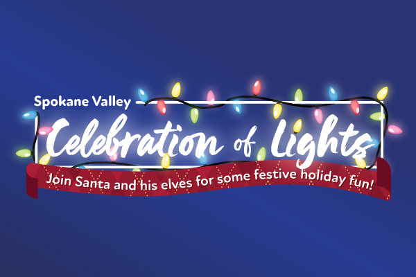 Illustrated Santa with a bag next to a lit Christmas tree with text that reads: Celebration of Light