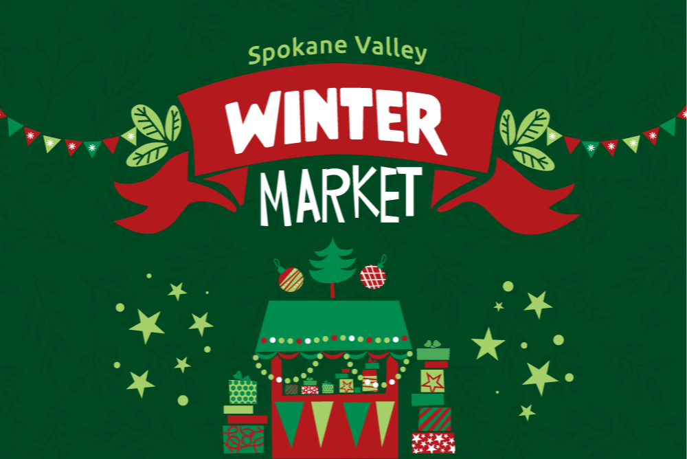 An illustration of a stall with gifts and a banner that reads: Spokane Valley Winter Market