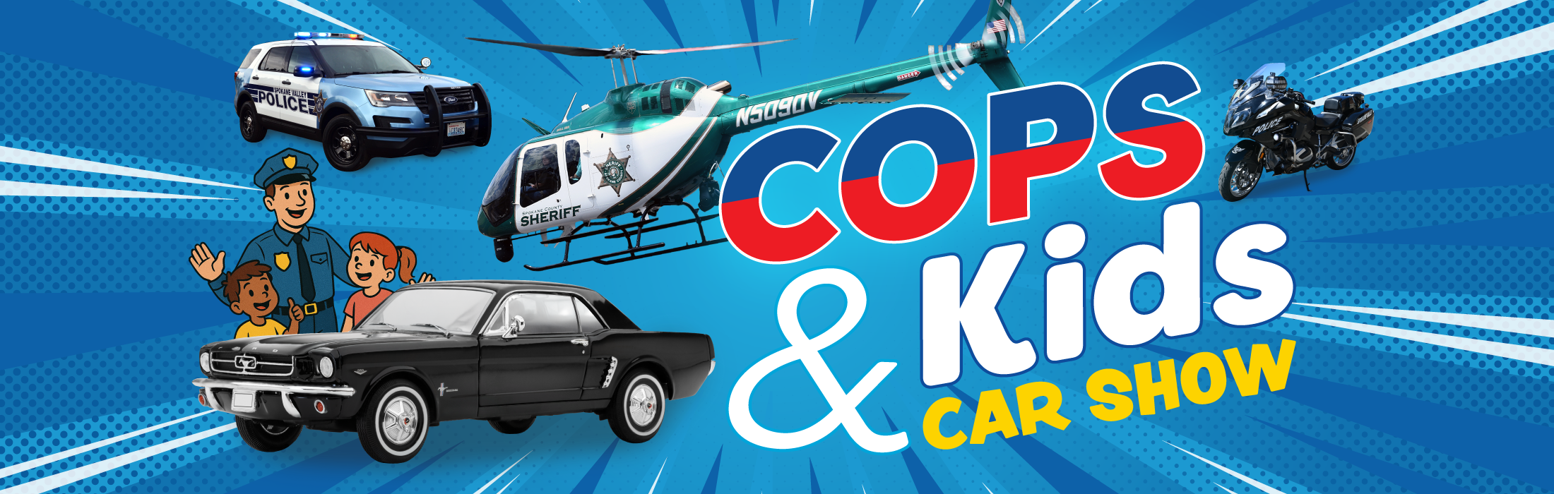 A cutout of a police cruiser, a black mustang, and a police motorcycle with a cartoon cop and kids