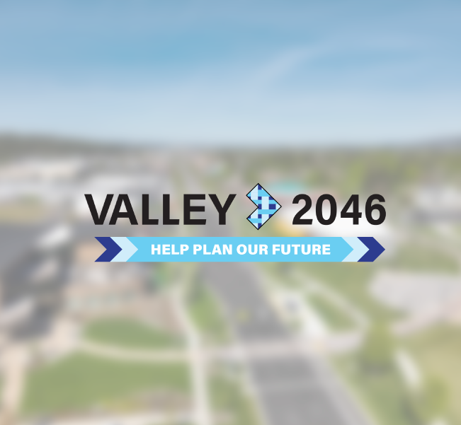 An aerial view of Sprague near City Hall and Balfour Park with the Valley 2046 logo overlaid on top.