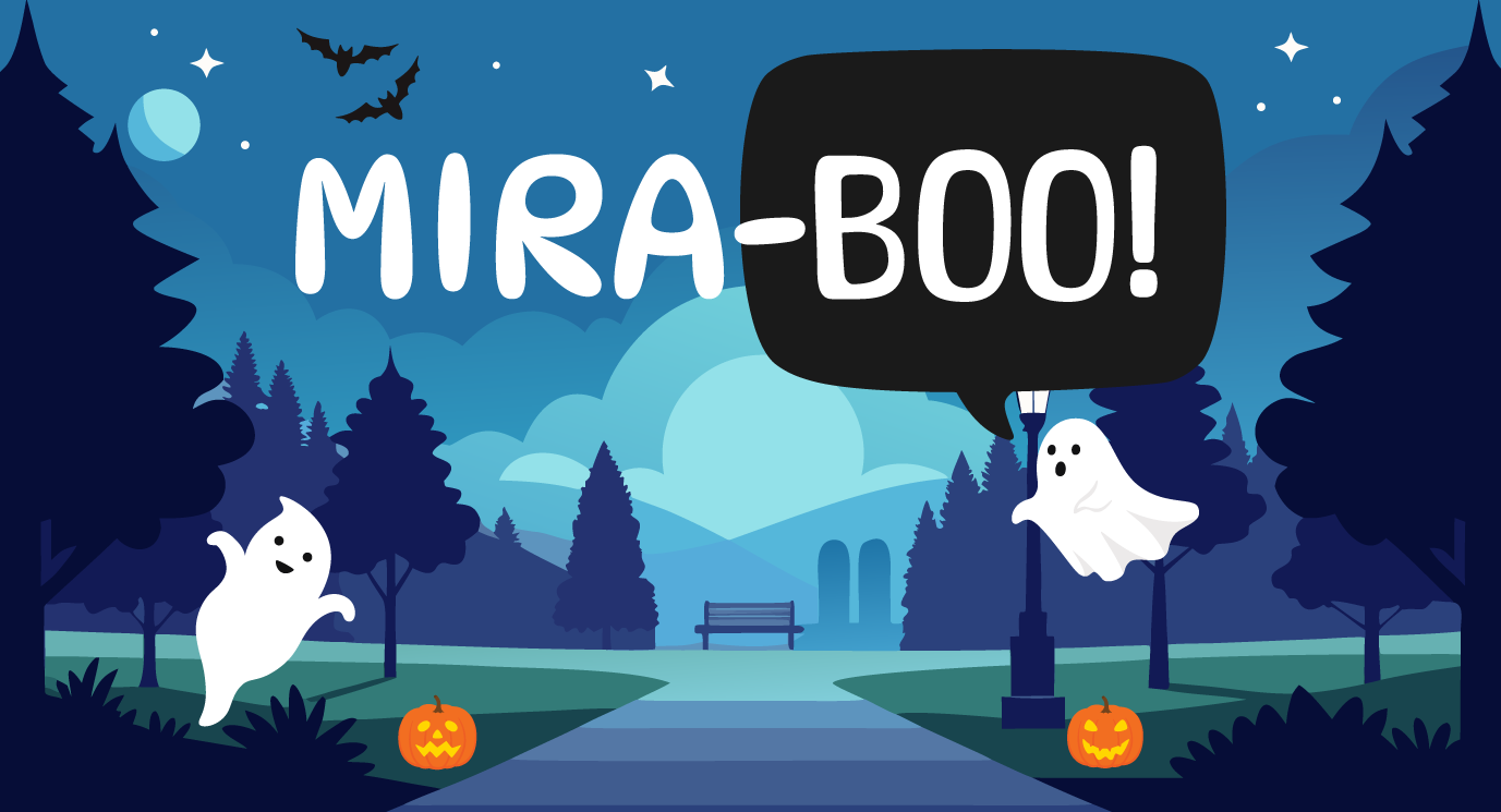 A graphic of two ghosts in a park setting at night. One of the ghosts says, "Mira BOO".