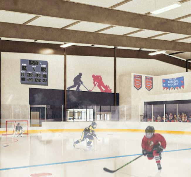 Concept rendering of a hockey team using the proposed Ice Sheet facility at Sullivan Road.